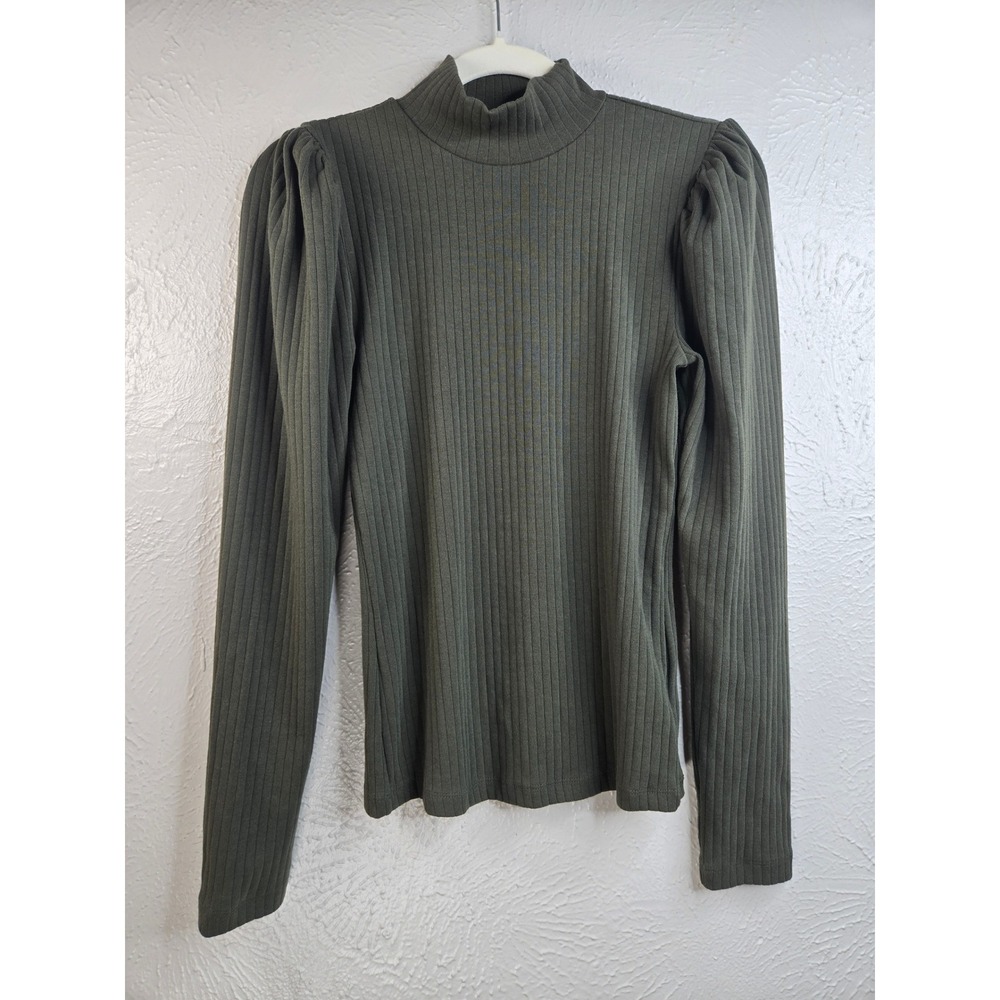 Gap Ribbed Mock Neck Top S Dark Green Long Puff Sleeve Shirt Preppy Minimalist
